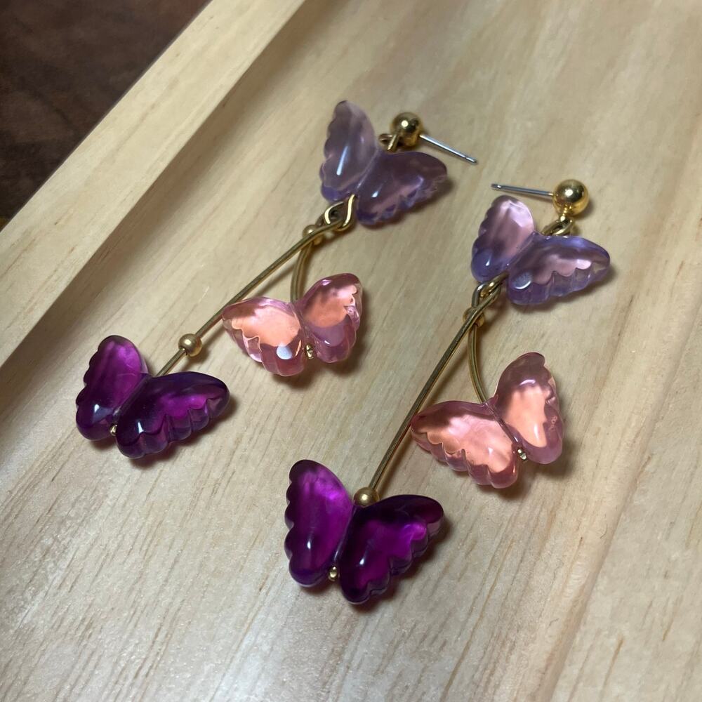 Vintage Avon pink and purple cascading butterfly earrings, cottage fairy boho